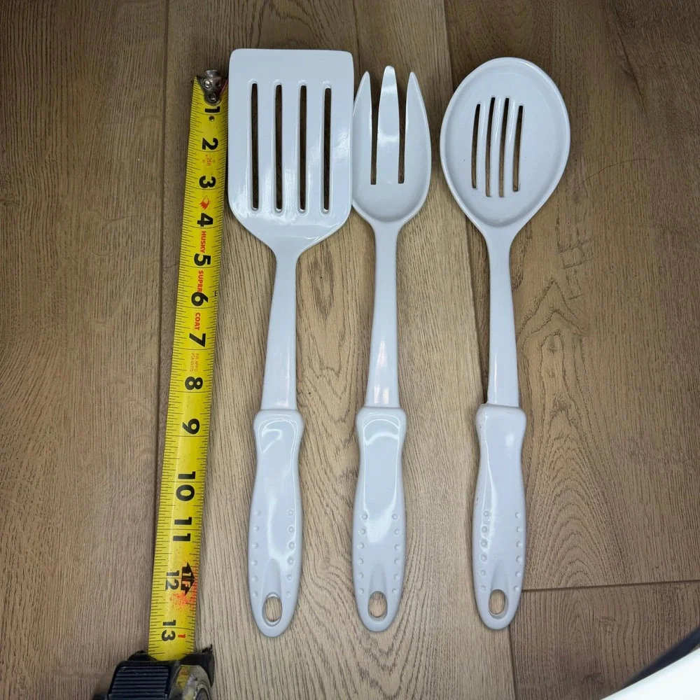 Vtg White‎ Melamine Kitchen Utensil Set Slotted Spoon Spatula Serving Fork 3pc
